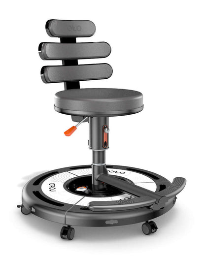 Ergonomic chair with wheels and adjustable backrest on circular base.