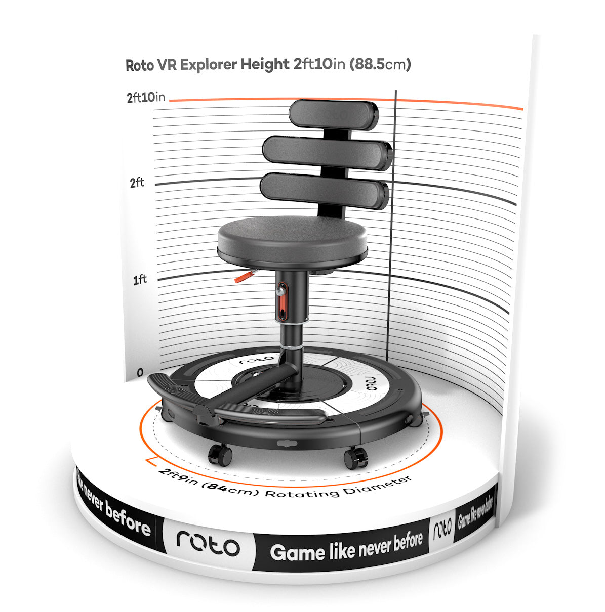 Roto VR Explorer Chair with height and rotating diameter measurements for immersive VR experience and haptic feedback.